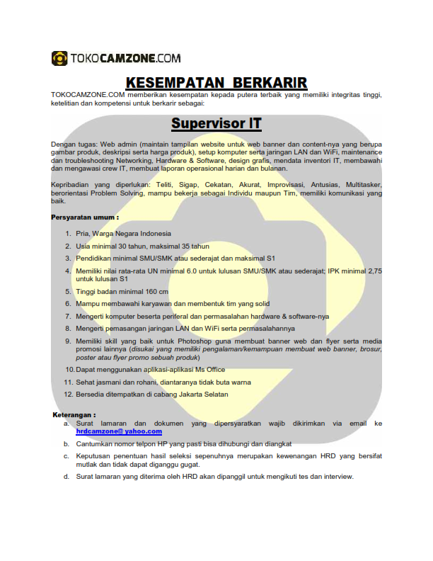 Lowongan Kerja Supervisor IT